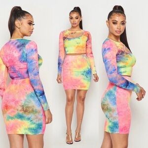 LOVE J Tie Dye Multi Neon Color Crop Top Skirt Set